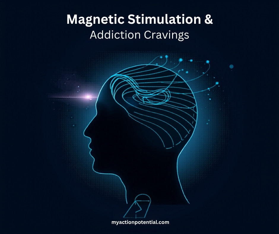 Transcranial magnetic stimulation TMS electromagnetic field lines around a human head profile in blue on dark background, Action Potential Supplements